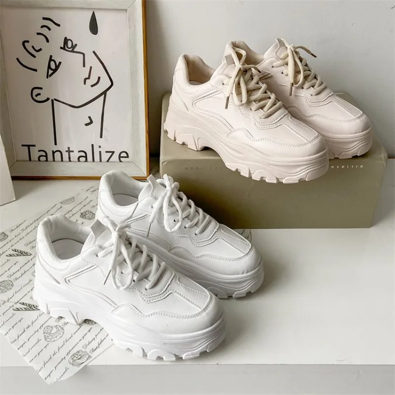 Women Leather Flat Shoes Autumn Lace Up Casual Thick Soled Breathable Inner Heightening Round Toe White Sneakers