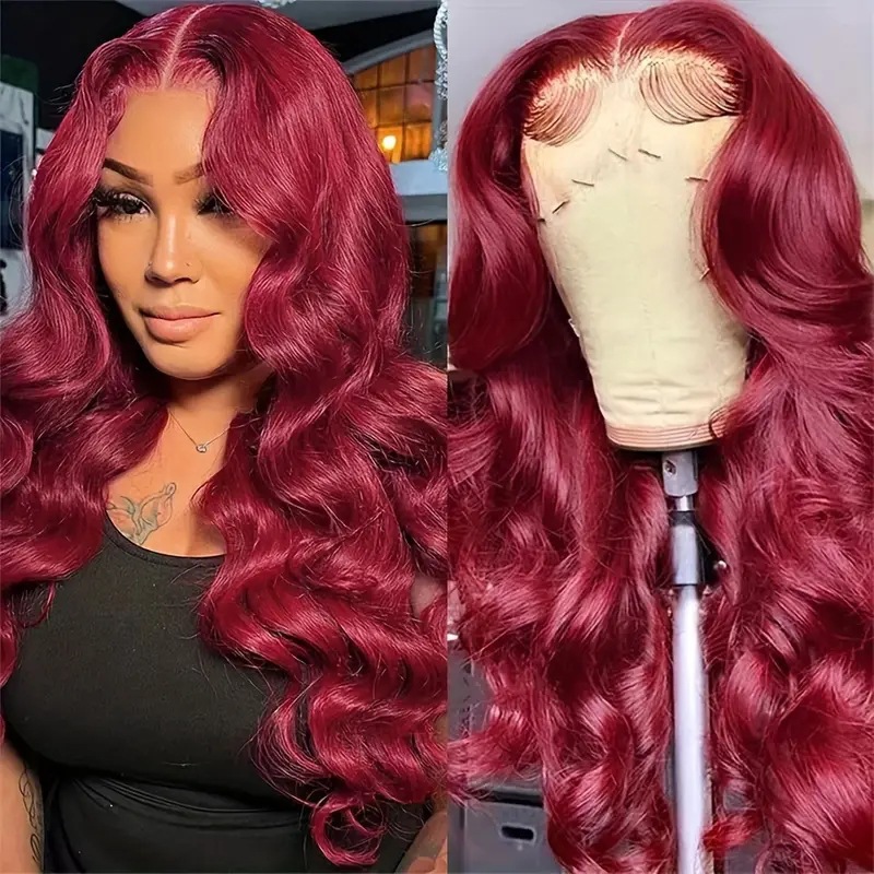 Worn wine-red wig showing glossy burgundy color