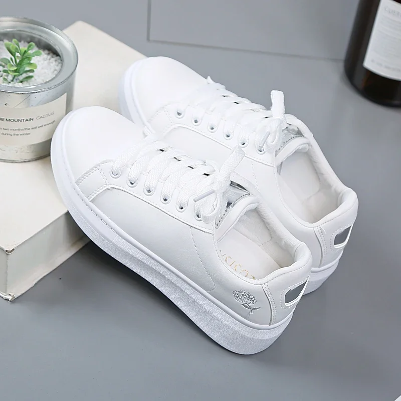Women Casual Shoes Spring Embroidered White Breathable Flower Lace-Up Sneakers White Tenis Feminino Flat Zapatillas image 7
