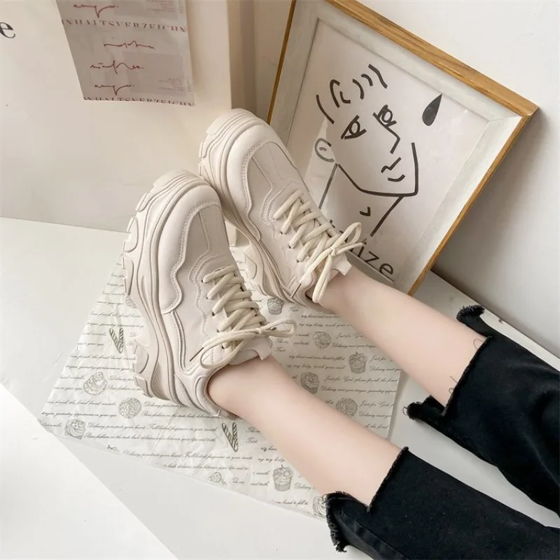 Women Leather Flat Shoes Autumn Lace Up Casual Thick Soled Breathable Inner Heightening Round Toe White Sneakers image 8