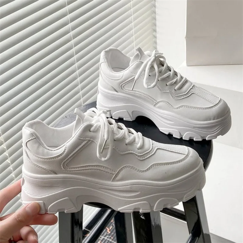 Women Leather Flat Shoes Autumn Lace Up Casual Thick Soled Breathable Inner Heightening Round Toe White Sneakers image 4