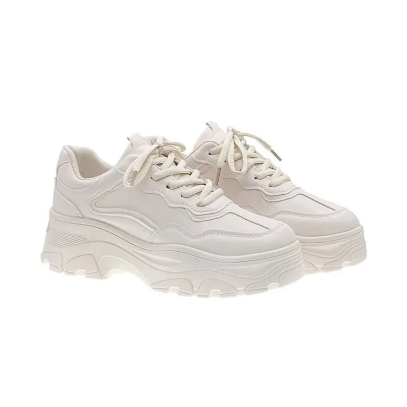 Women Leather Flat Shoes Autumn Lace Up Casual Thick Soled Breathable Inner Heightening Round Toe White Sneakers image 5