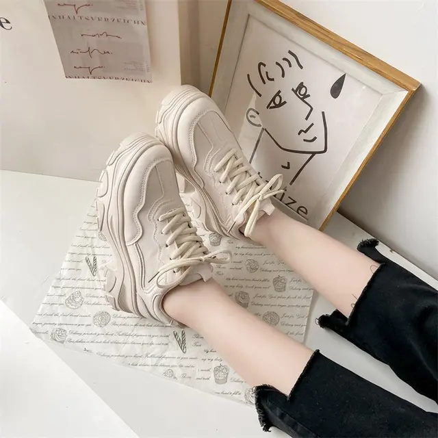 Women Leather Flat Shoes Autumn Lace Up Casual Thick Soled Breathable Inner Heightening Round Toe White Sneakers image 3