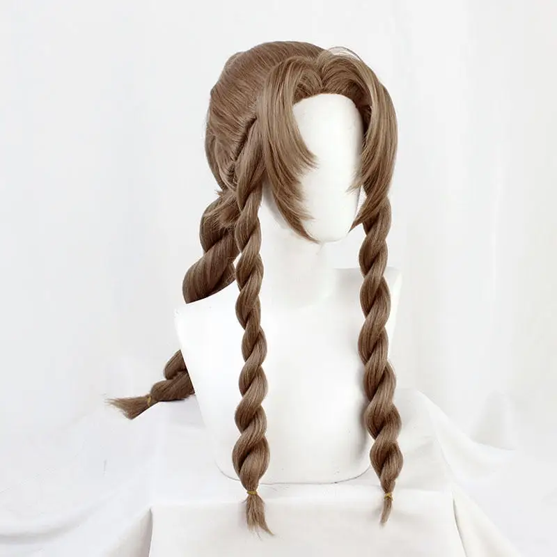 Straight-on brown wig with symmetrical long twin braids