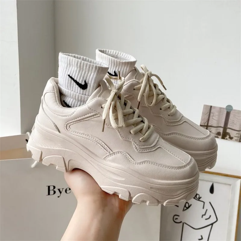 Women Leather Flat Shoes Autumn Lace Up Casual Thick Soled Breathable Inner Heightening Round Toe White Sneakers image 6
