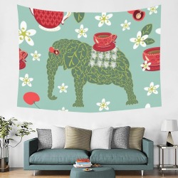 Polyester Peach Skin Wall Tapestry 80x60 inch with elephant pattern and watermelon and flowers. Made in USA.