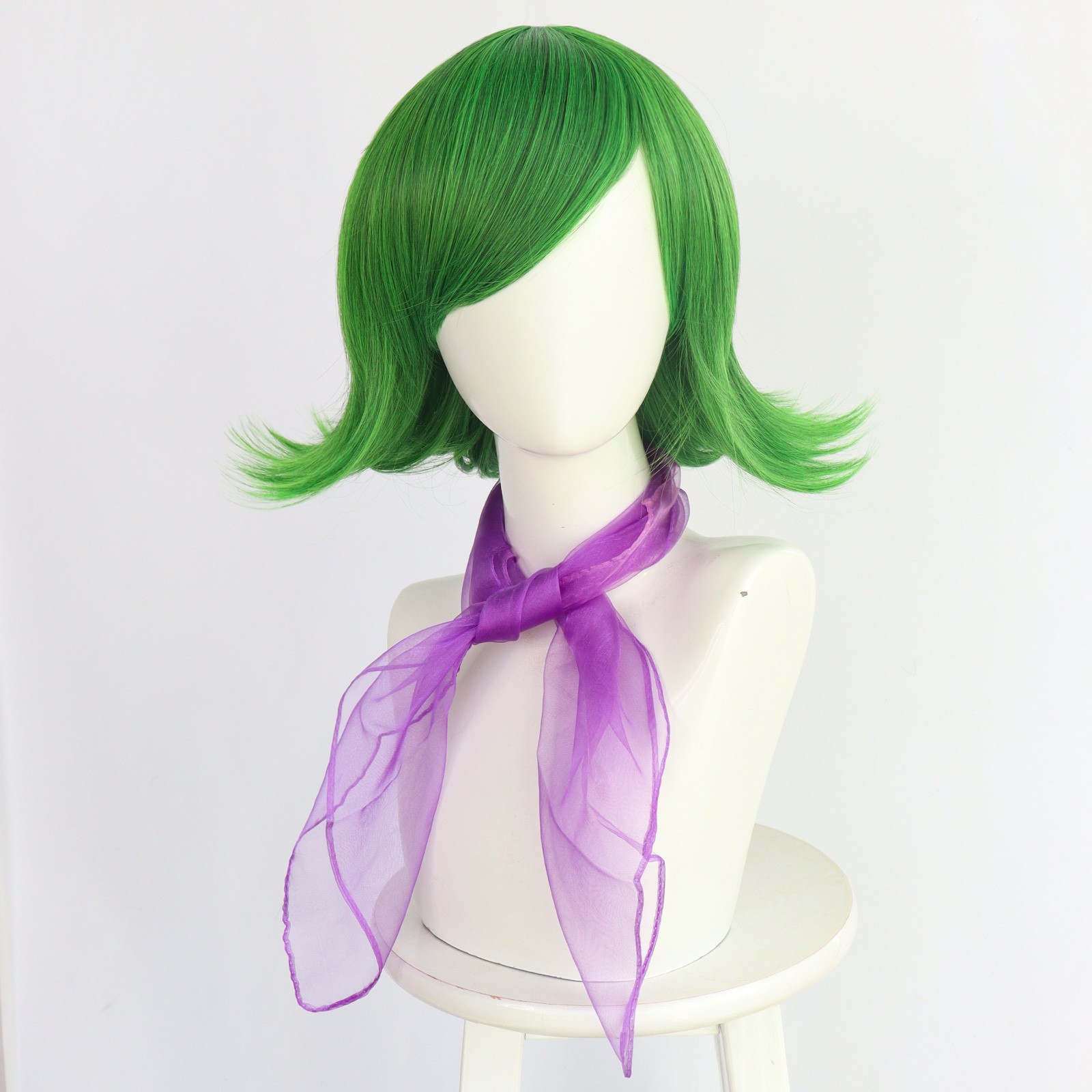 Front green wig with sweeping fringe and flipped ends