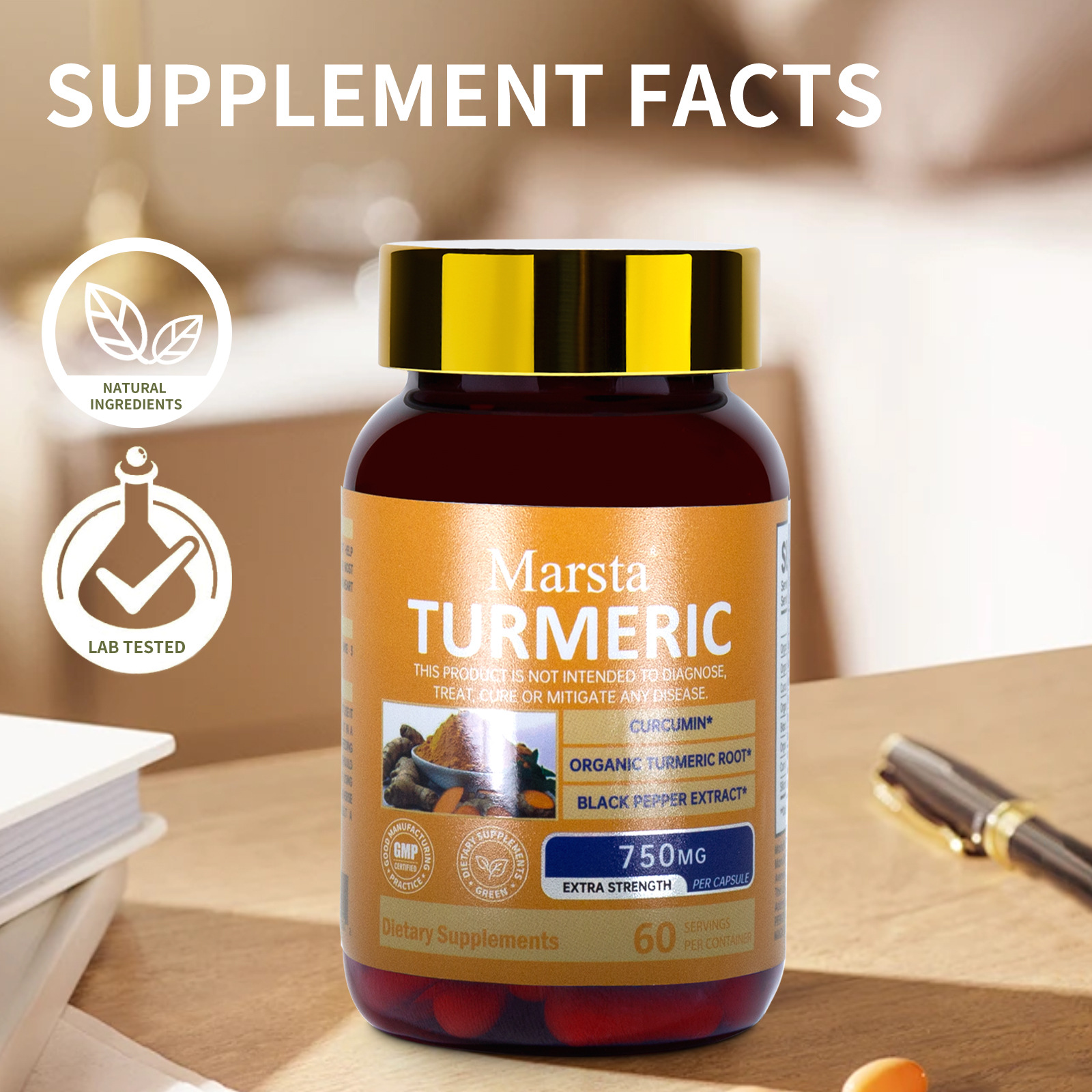 Marsta Turmeric bottle on desk with supplement facts overlay and natural ingredients certification icons