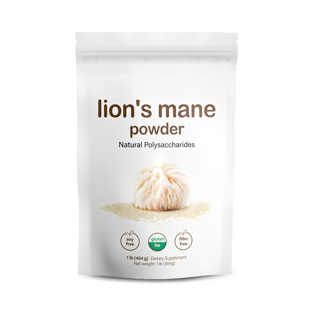 Lion's Mane mushroom powder pouch with whole fruiting body illustration and gluten-free, soy-free, filler-free certifications