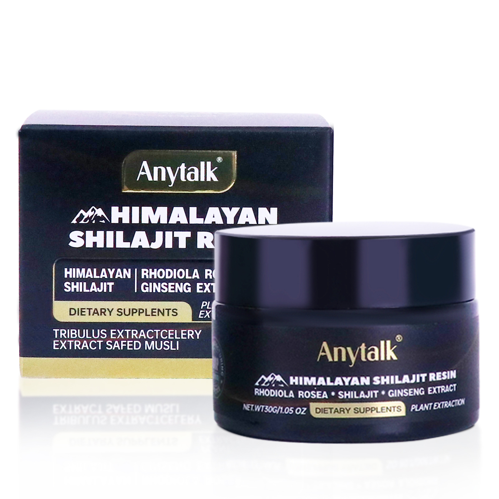 Navy glass jar of Xilaizhi Himalayan Shilajit Resin with gold foil branding, displayed with matching premium box packaging on a light surface