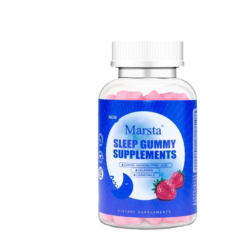 Marsta Sleep Gummies glass bottle with pink gummies visible and white child-resistant cap