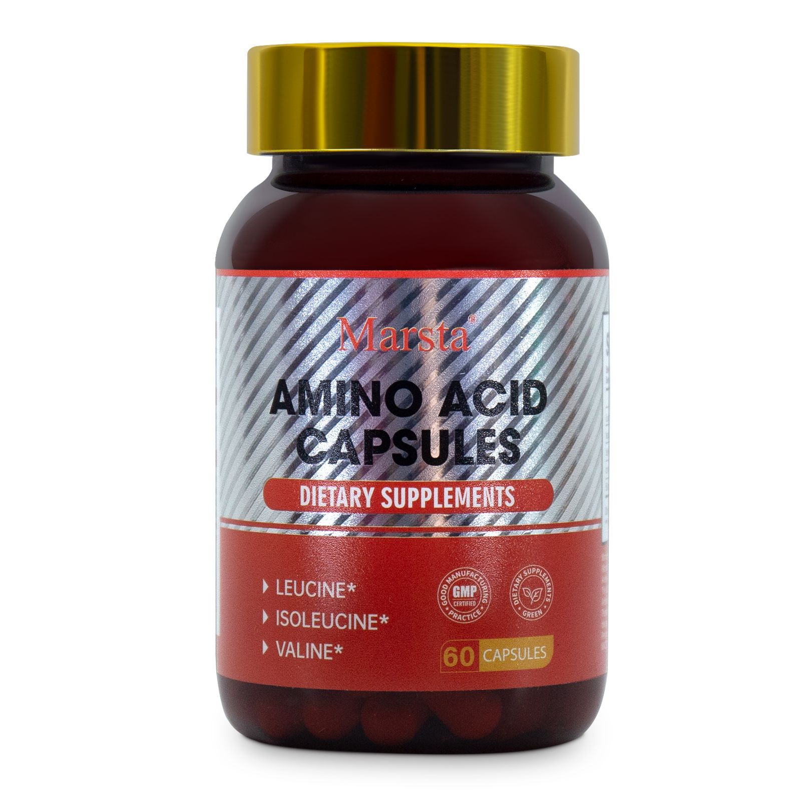 Front‑facing bottle of Marsta Amino Acid Capsules with mirrored gold cap on soft pink terrazzo
