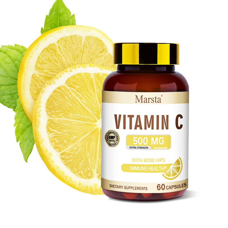 Marsta Vitamin C 500mg bottle surrounded by fresh lemon slices and mint leaves
