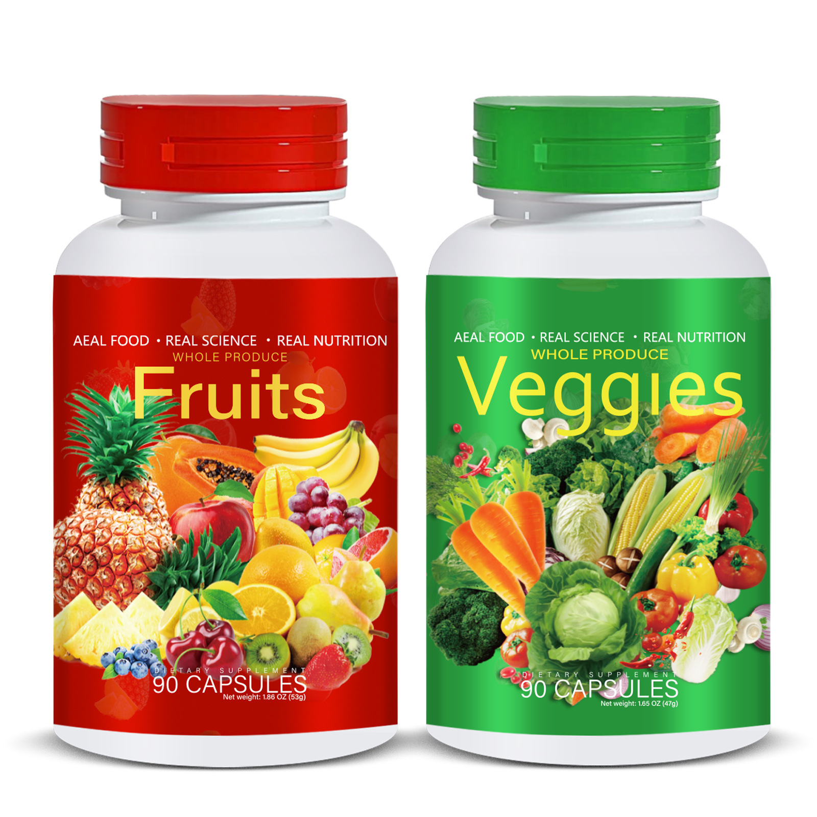 Two bright capsule bottles side-by-side: red Fruits and green Veggies with vibrant produce imagery