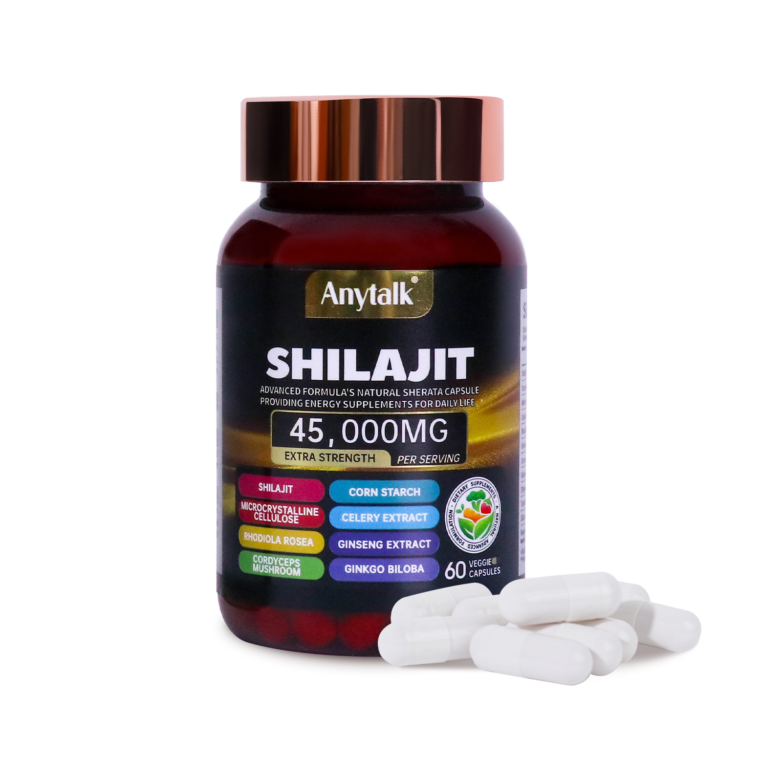 Anytalk Shilajit 45,000mg bottle with copper cap displayed next to white vegetarian capsules