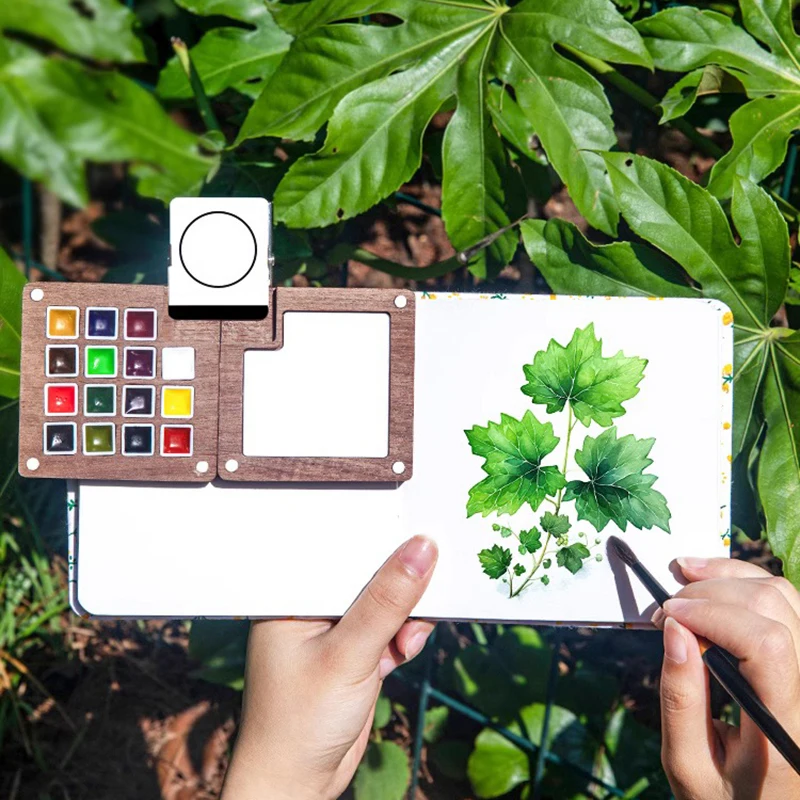 Mini watercolor paint box and small notebook Mingke 8-color wooden box mini drawing board solid