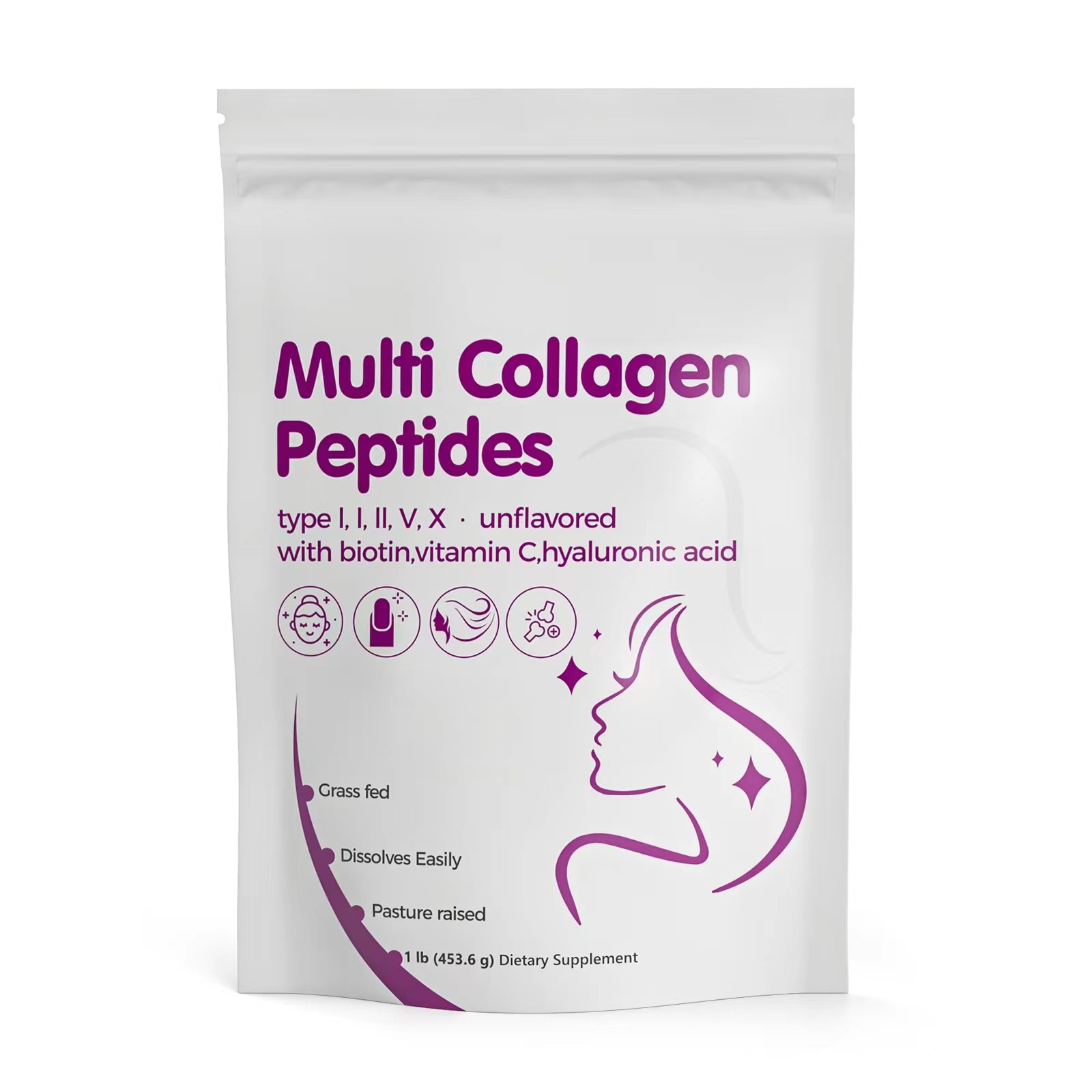 Front-facing pouch of Multi Collagen Peptides showing bold purple branding, collagen type icons, and benefit graphics