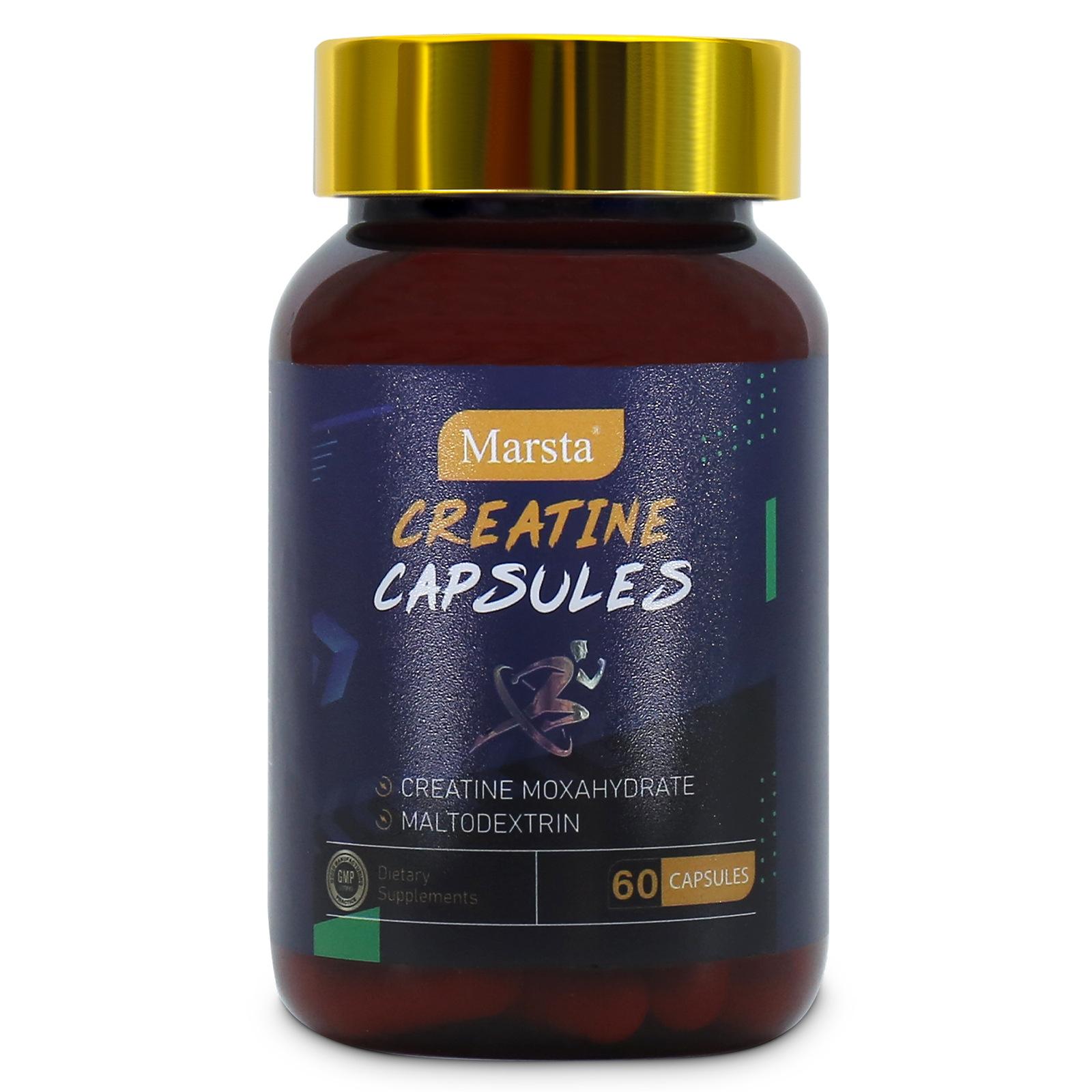 Marsta Creatine Capsules bottle with gold cap and navy label against white background