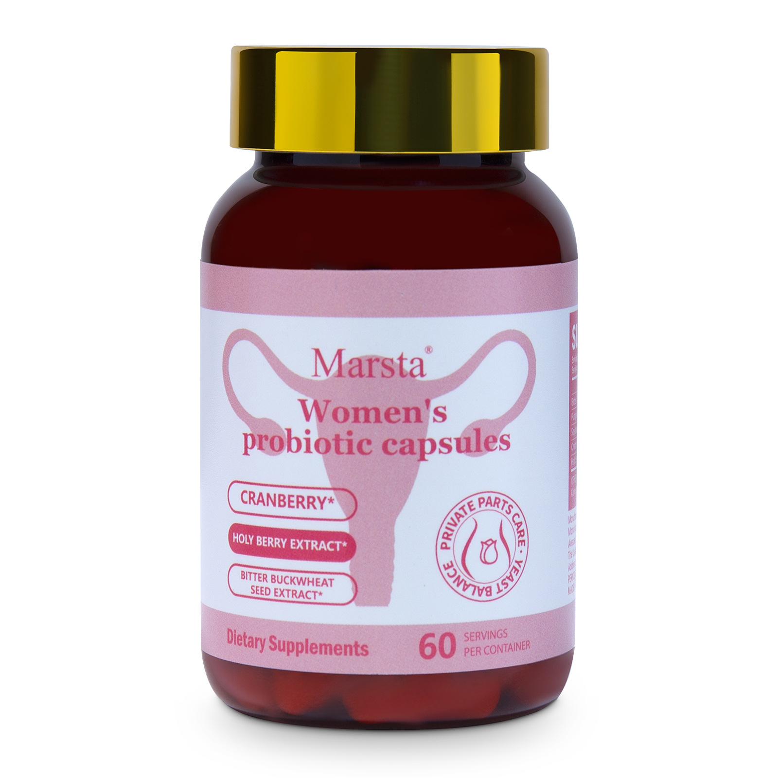 Marsta Women's Probiotic Capsules bottle - amber glass with pink/periwinkle label, 60 servings, showing full product packaging and ingredient callouts