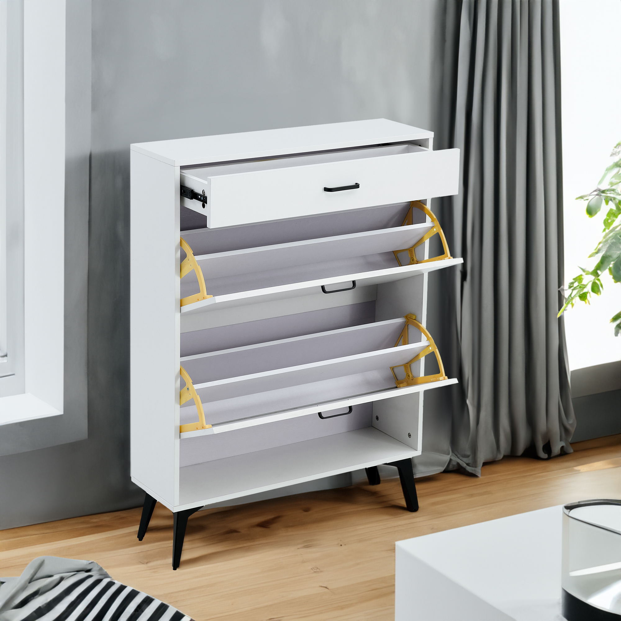 Shoe Cabinet, Shoe storage shelves, metal leg, White