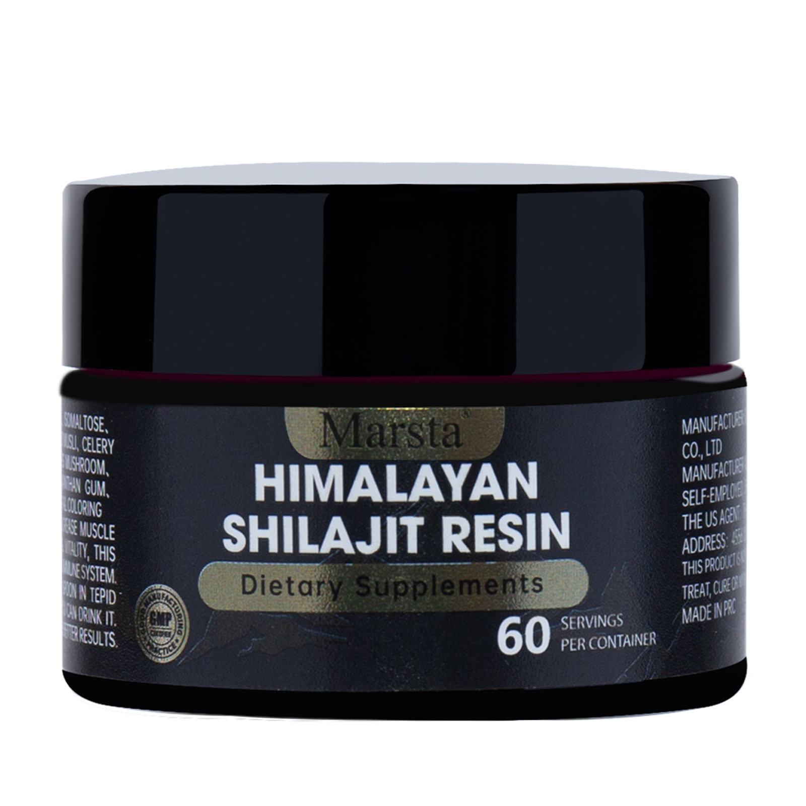 Dark navy glass jar with gold‑stamped Marsta branding, Himalayan Shilajit Resin label, 60 servings, on white background