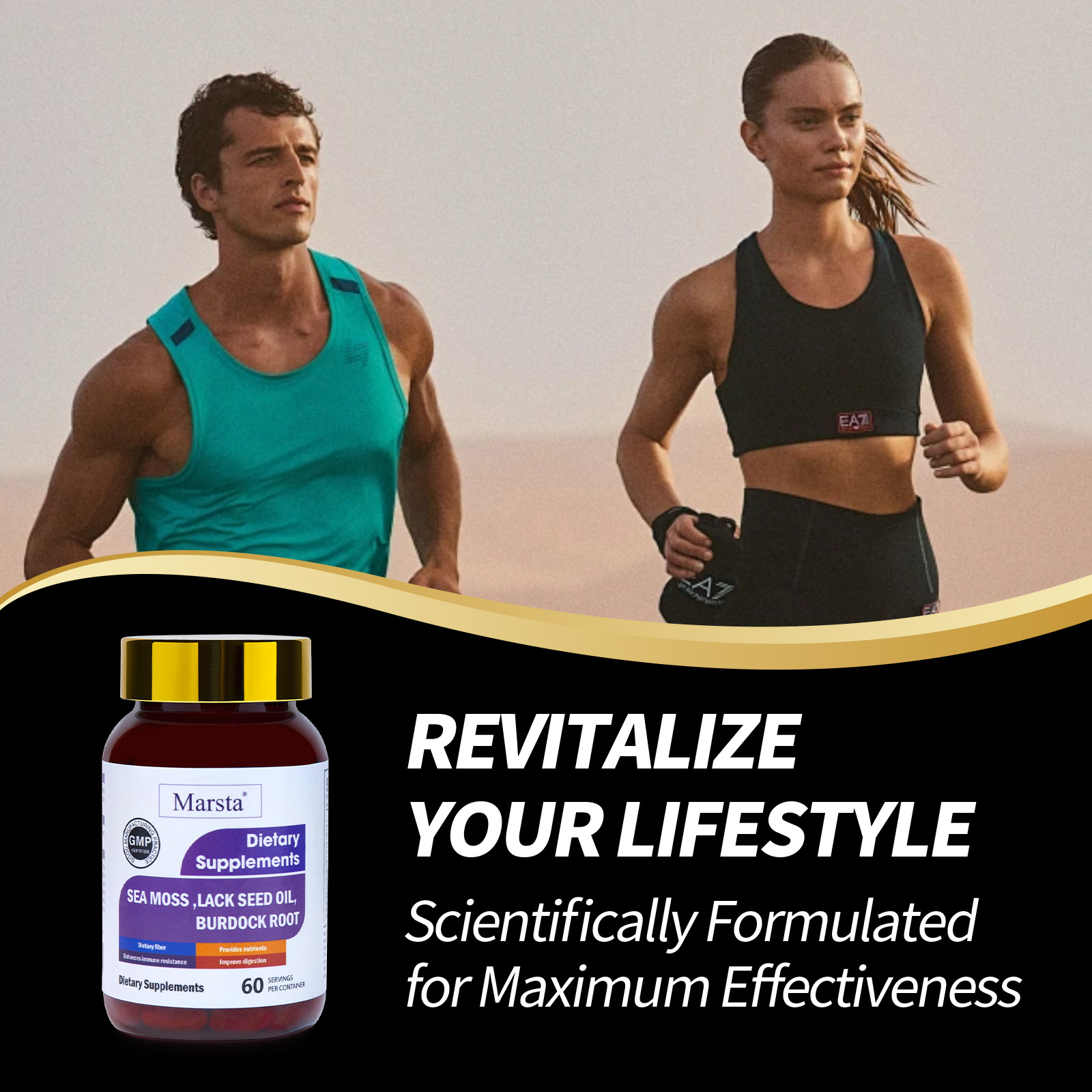 Fit man and woman with supplement bottle, representing active wellness and vitality