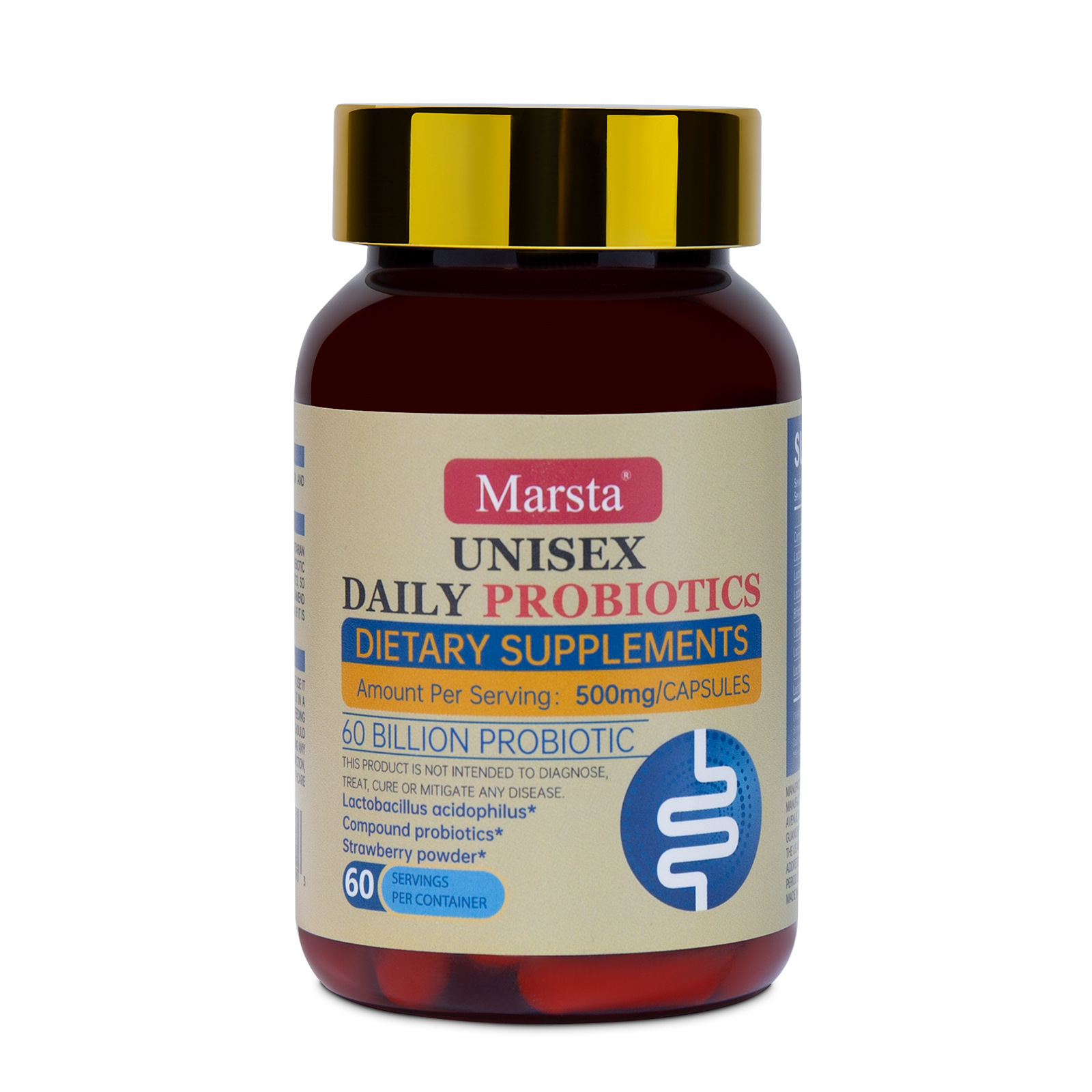 Marsta Unisex Daily Probiotics amber glass bottle with black and gold striped cap, filled with red capsules