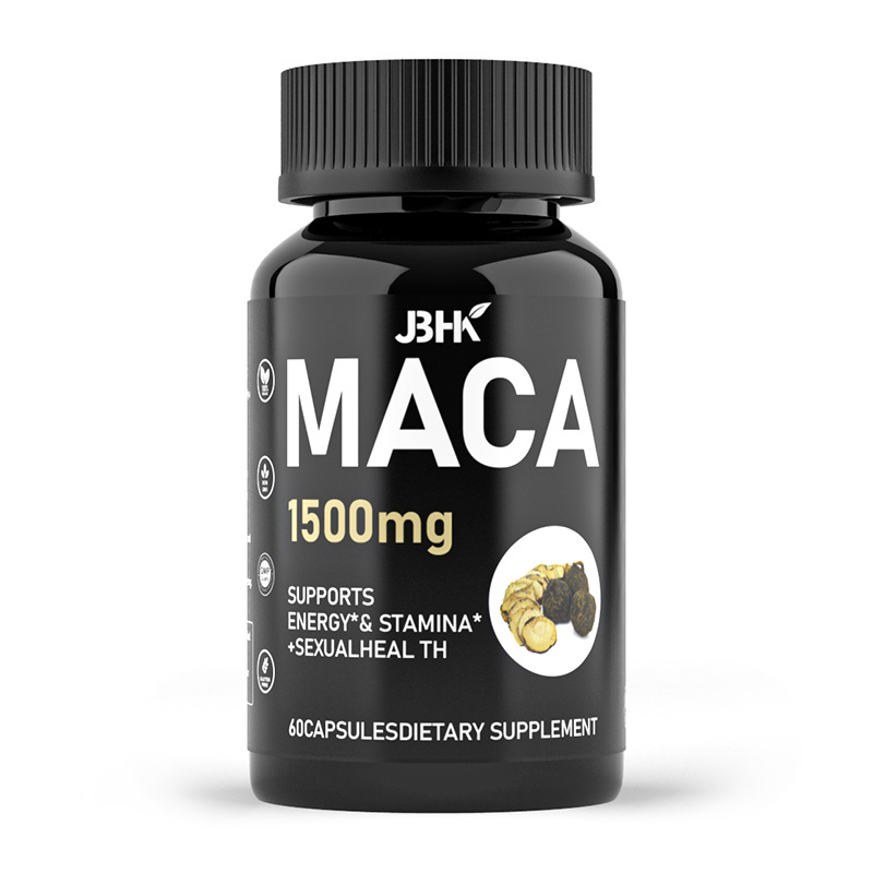 Premium black glass JBK Maca 1500mg bottle on light beech wood with fresh citrus and herbs