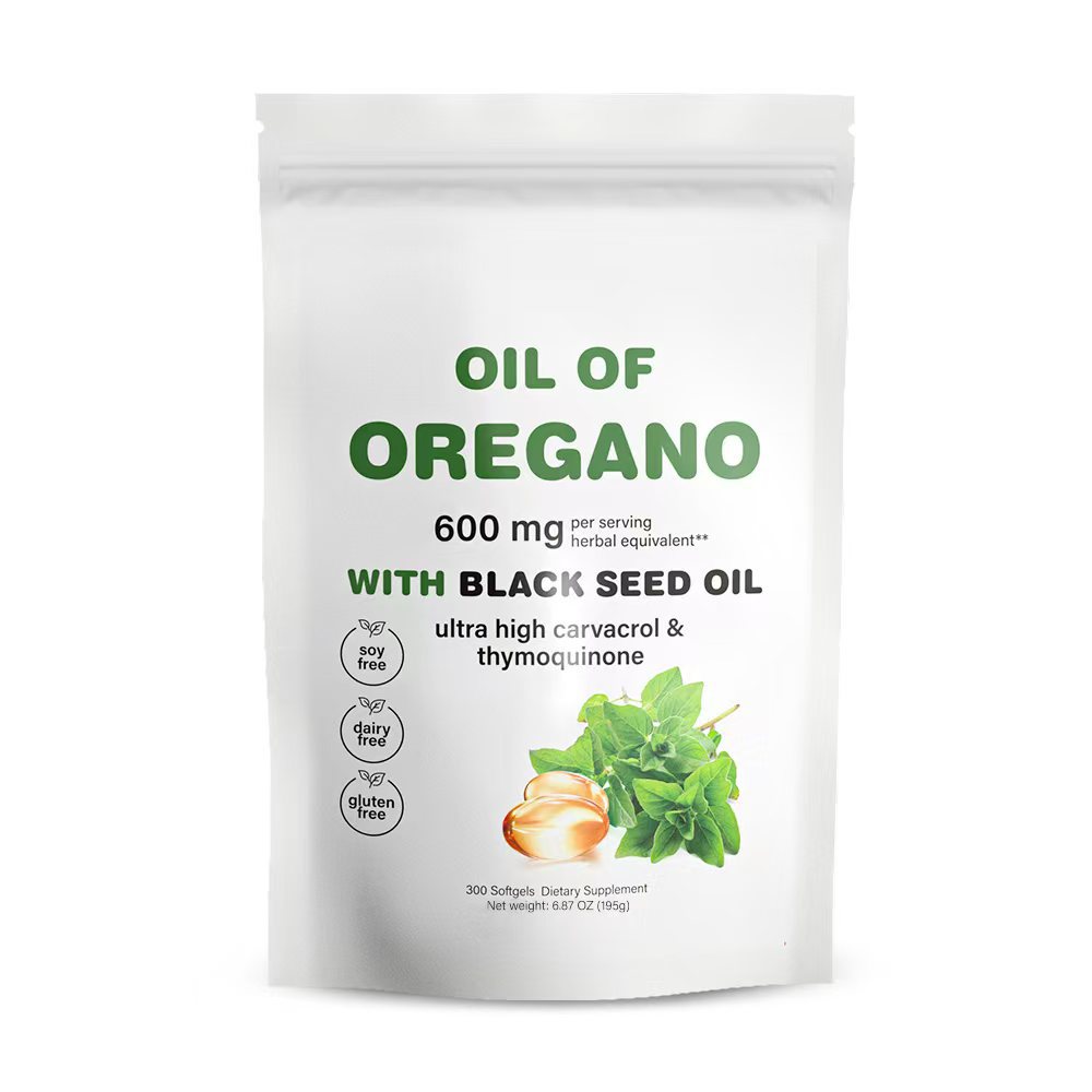 Resealable pouch of Oil of Oregano 600mg softgels with green label and oregano leaves, showing 300 softgels