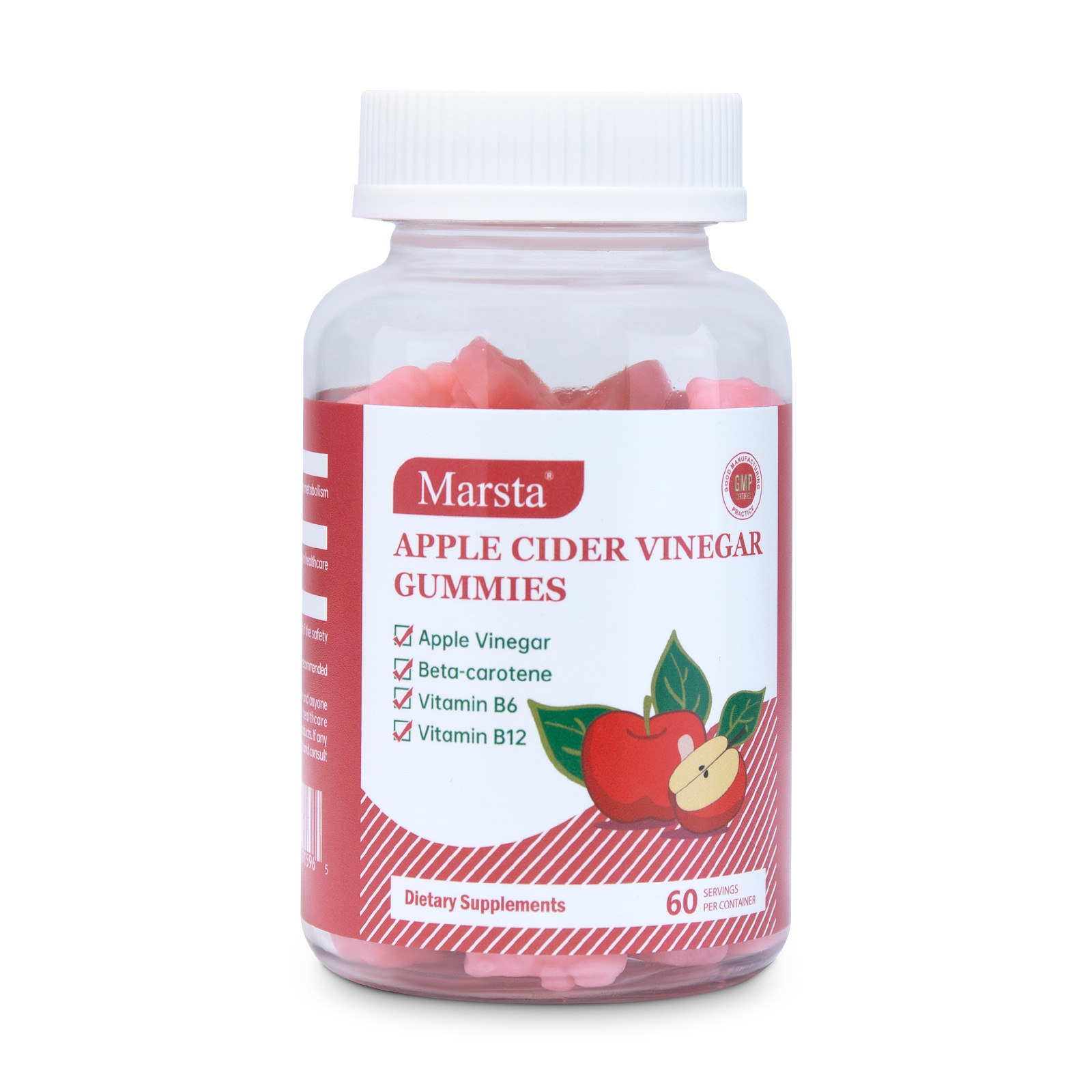 Marsta Apple Cider Vinegar Gummies bottle on white, clear container filled with pink gummies, white cap, label highlighting digestive support.