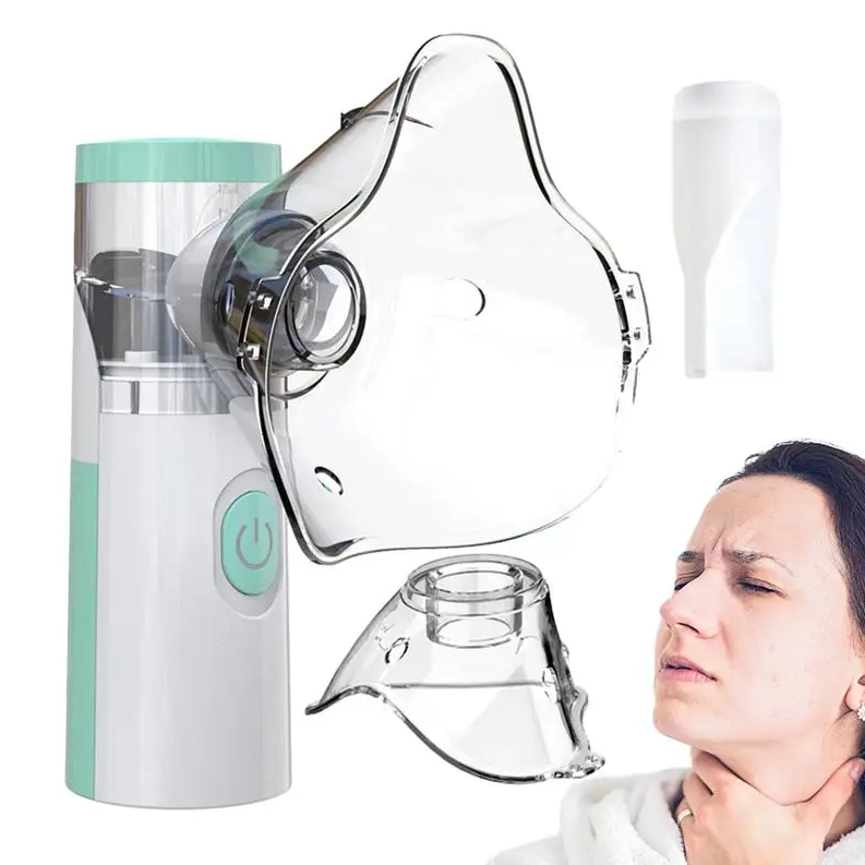 Complete nebulizer system with white handheld unit, blue power button, detachable masks and replacement components on soft pink terrazzo