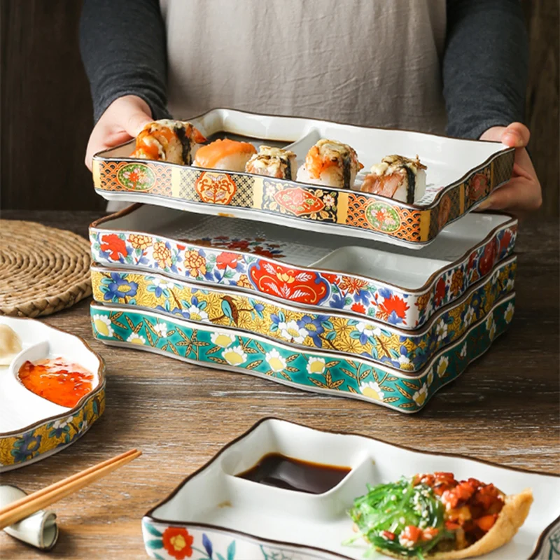 Dumpling plate sushi plate round square with soy sauce and vinegar partitioned snack ceramic for