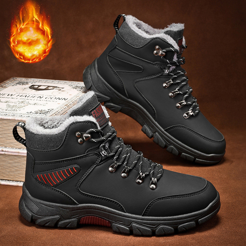 Winter warm cotton shoes with added fleece outdoor hiking shoes thick soled snow boots high top men's shoes image 3
