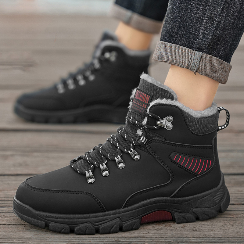 Winter warm cotton shoes with added fleece outdoor hiking shoes thick soled snow boots high top men's shoes image 7