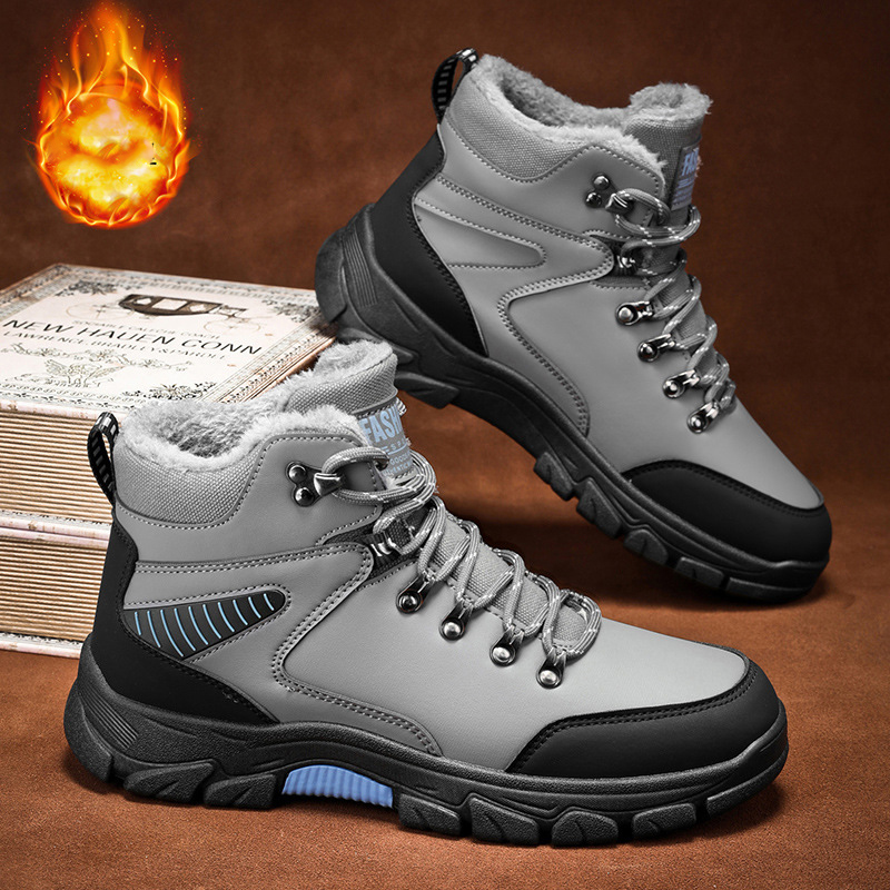 Winter warm cotton shoes with added fleece outdoor hiking shoes thick soled snow boots high top men's shoes