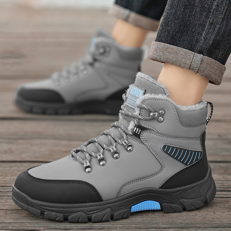 Winter warm cotton shoes with added fleece outdoor hiking shoes thick soled snow boots high top men's shoes image 6