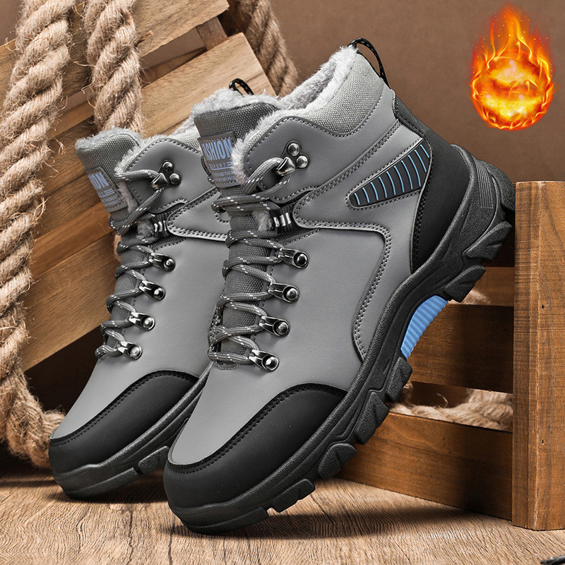 Winter warm cotton shoes with added fleece outdoor hiking shoes thick soled snow boots high top men's shoes image 4