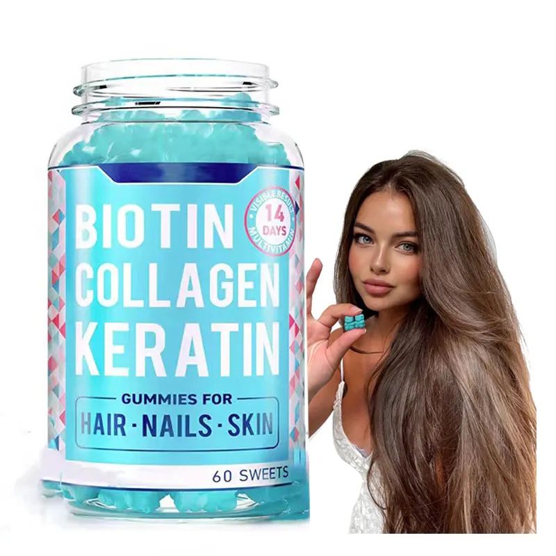Turquoise jar of Biotin Collagen Keratin gummies displayed next to woman with long, glossy, healthy brown hair