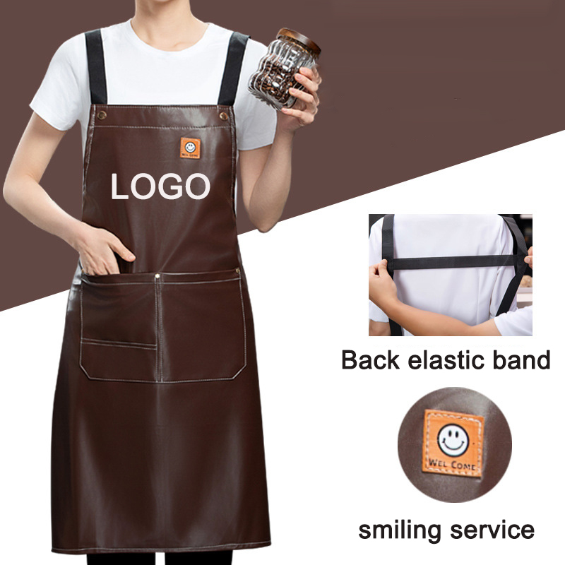 PU soft leather apron custom printed monochrome logo catering specific waterproof and oil resistant