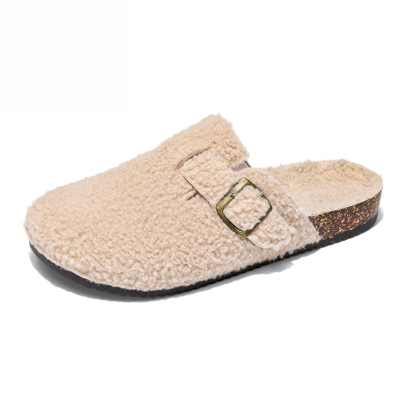 Covered Toe Cotton Slippers Men's Winter Outdoor Wear Fleece Lined Warm Couples' Fuzzy Half Slippers
