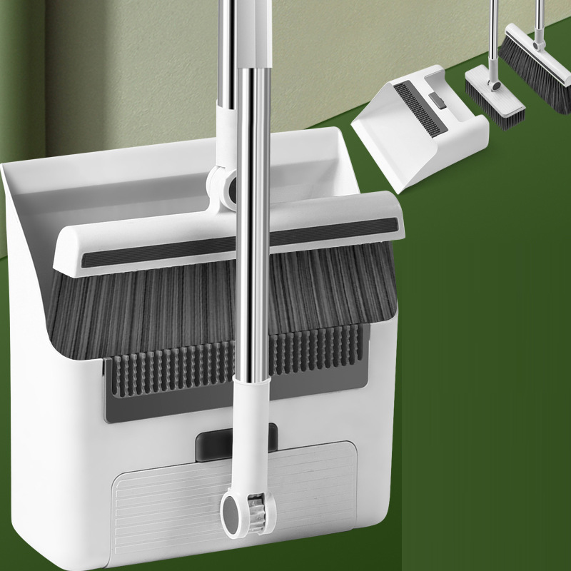 Flat-lay of interchangeable broom, floor brush, and dustpan heads