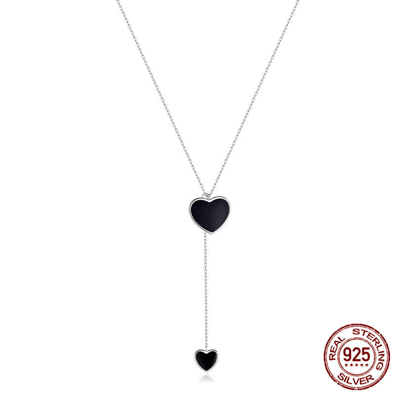 S925 Sterling Silver Black Heart Clavicle Chain Women Necklace