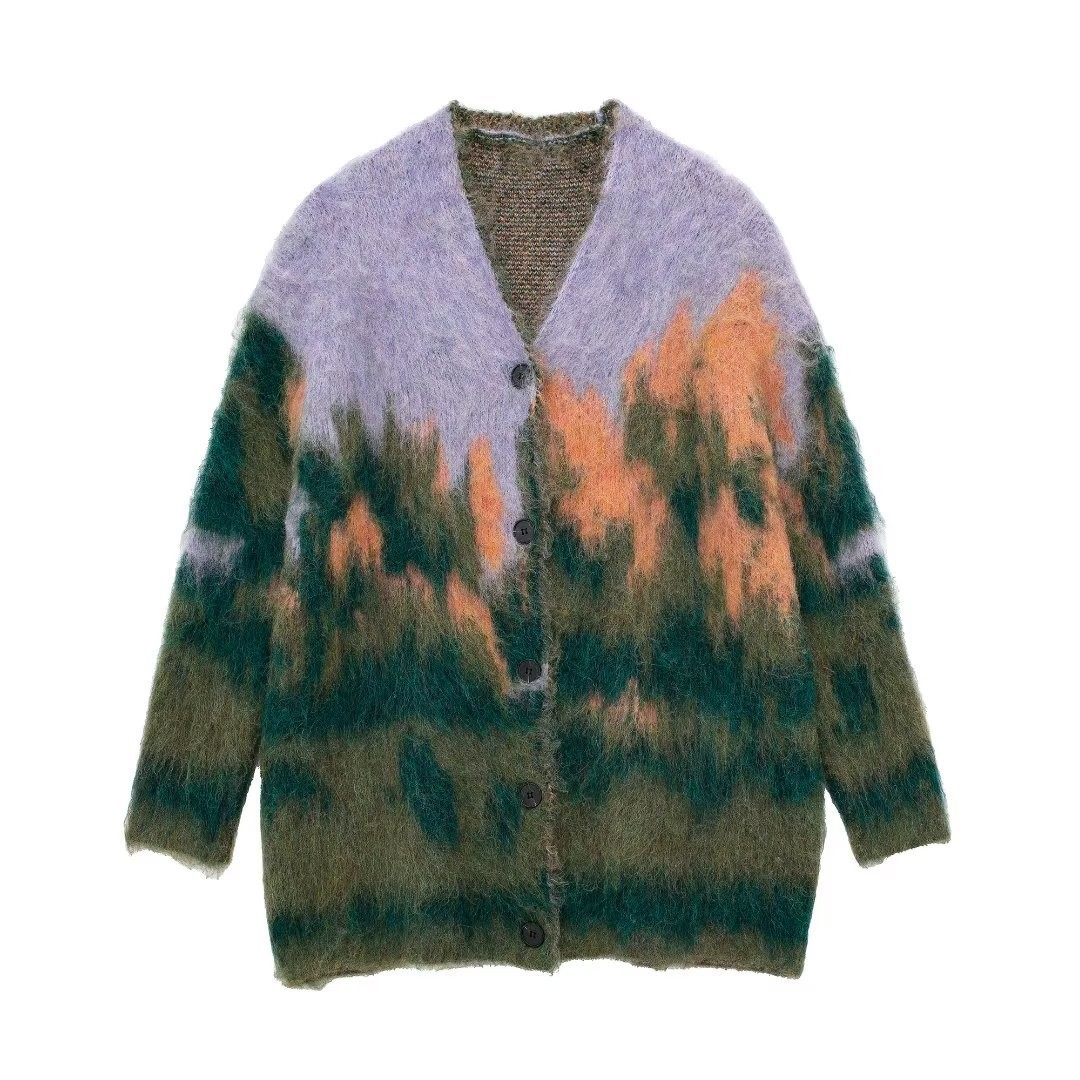 Contrast Color Mohair Cardigan For Women Loose Long Sleeve Single Breasted Knitted Pullover Autumn