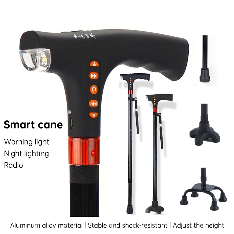 Walking Stick for Seniors - Multi-functional LED Light, Alarm, Radio, Adjustable Smart Cane with