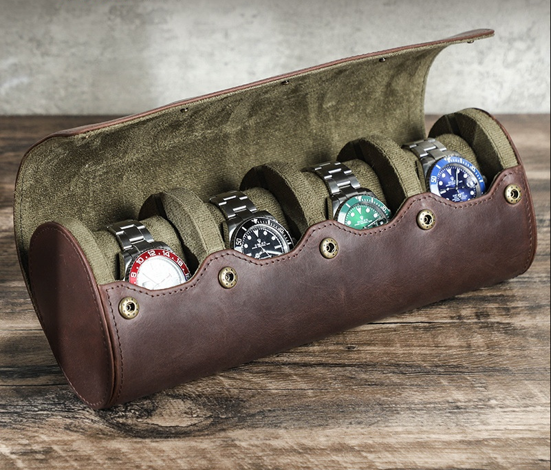Leather Watch Box with Four Compartments, Handmade Genuine Leather, Egg-Shaped, Portable, Mechanical