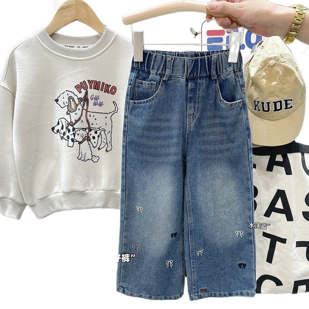 Casual Loose Fit Denim Pants for Girls Season Wide Leg Long Trousers Kids Fashion Clothing