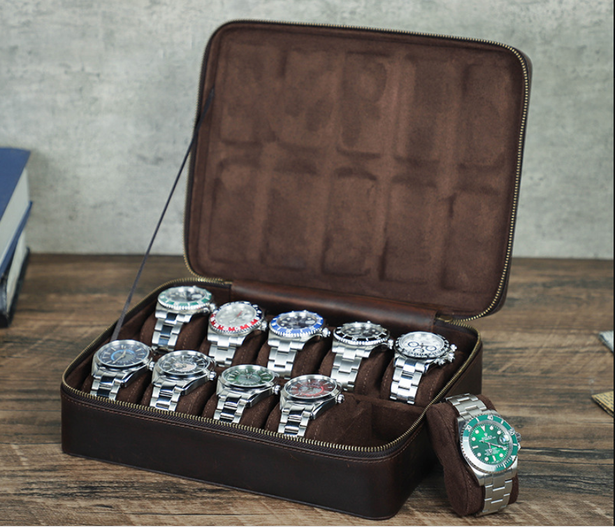 Rectangular Handmade Crazy Horse Leather Watch Box, 10-Slot Watch Display Organizer Travel Storage