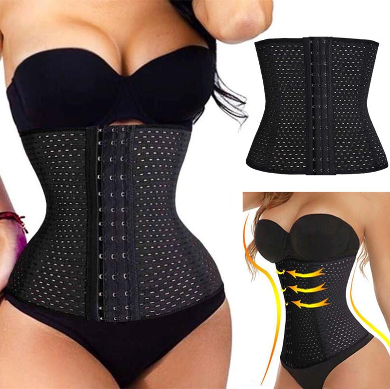 Woman wearing waist trainer with compression arrows showing instant hourglass shaping.