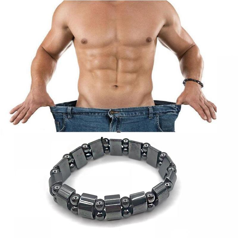 Shirtless male torso displaying six‑pack abs with bracelet visible on wrist, pulling down jeans to show waist reduction