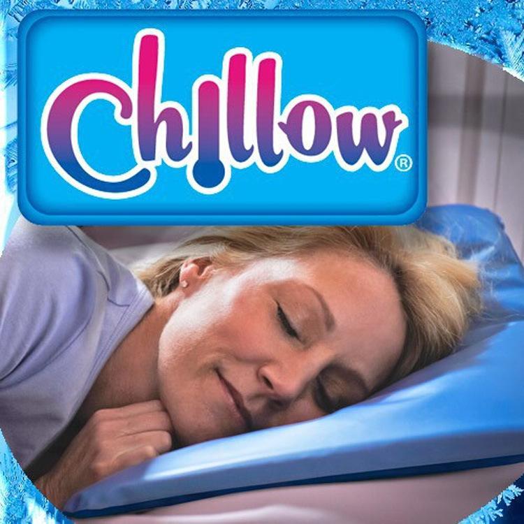 Woman peacefully sleeping on Chillow cooling pad with vibrant brand logo overlay